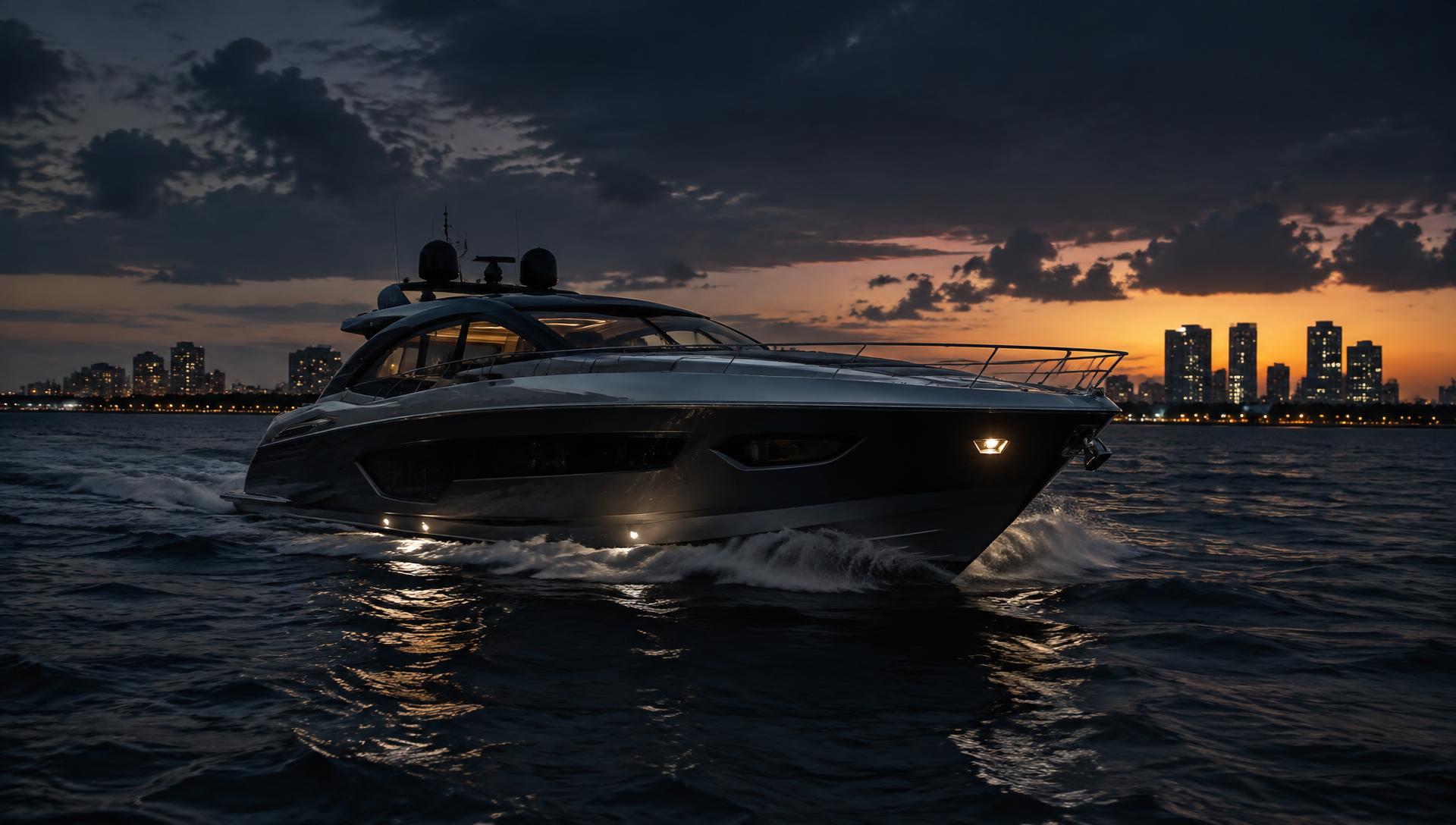 Detailed sport yacht exterior at dusk