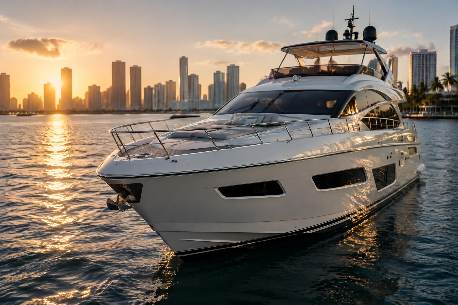 Immaculately detailed luxury yacht on Biscayne Bay with the Miami skyline at golden hour