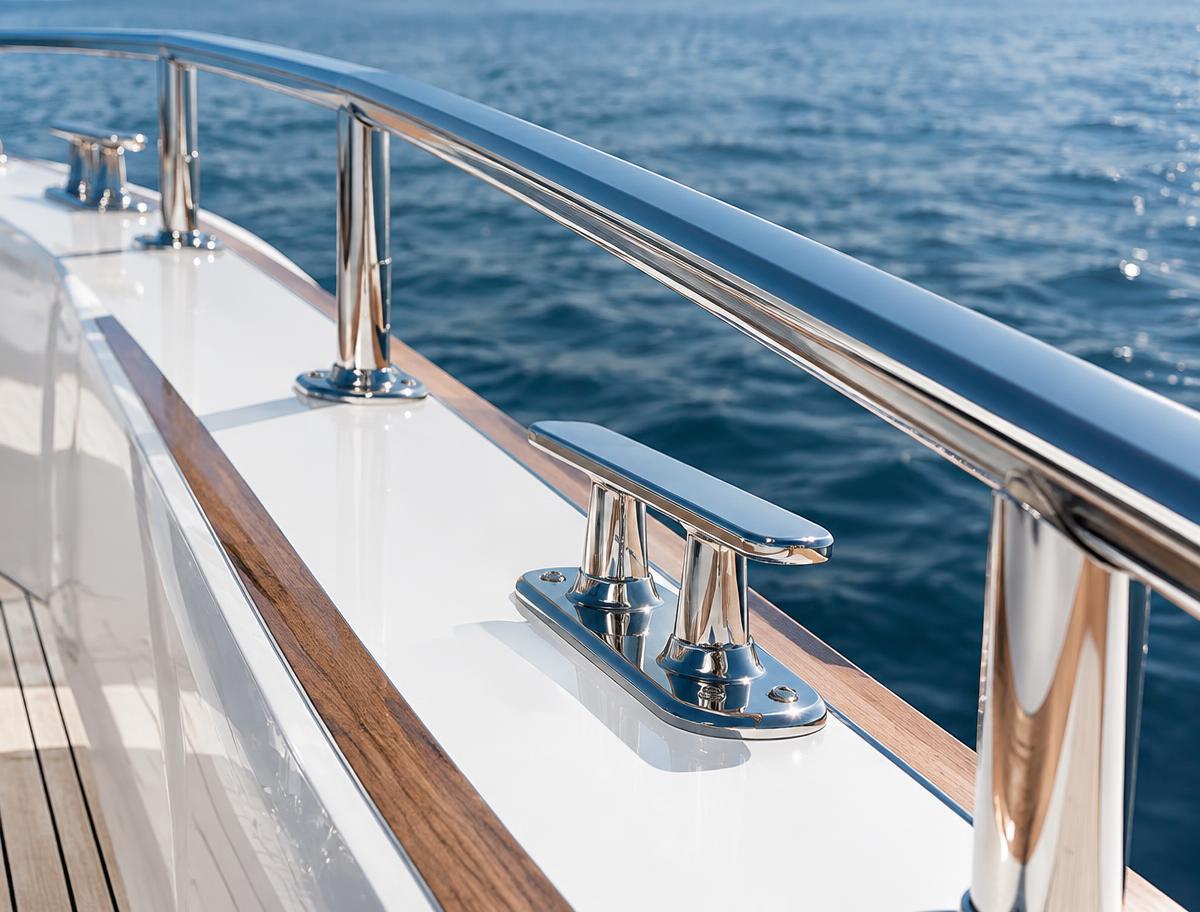 Polished stainless steel railing and cleats on a detailed yacht deck